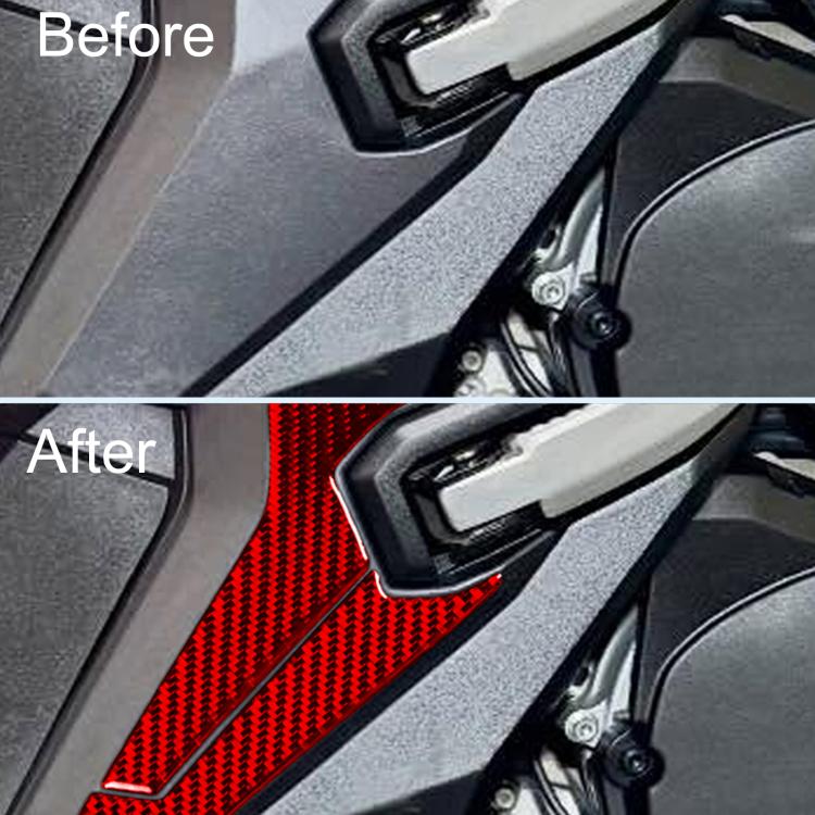 Red carbon-fiber style rear footrest lower protector strip on the motorcycle foot area