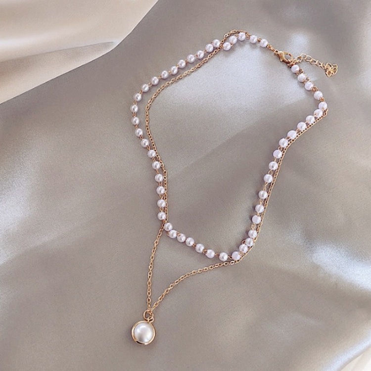 Gold double-layer pearl bead necklace with teardrop pearl pendant