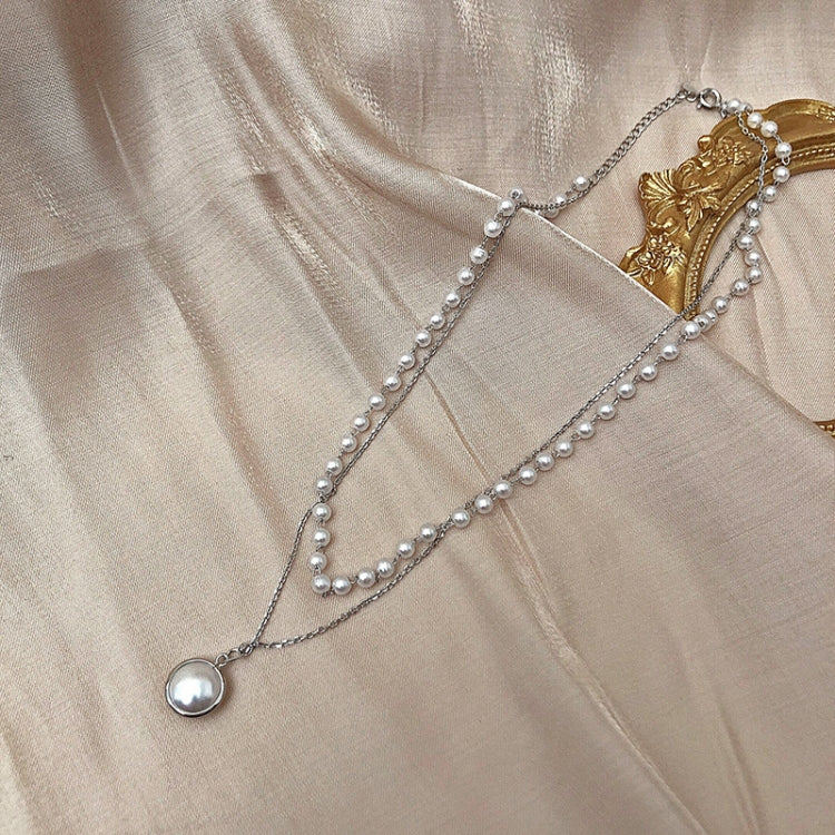 Silver double-layer pearl bead necklace with round pearl pendant and layered chains