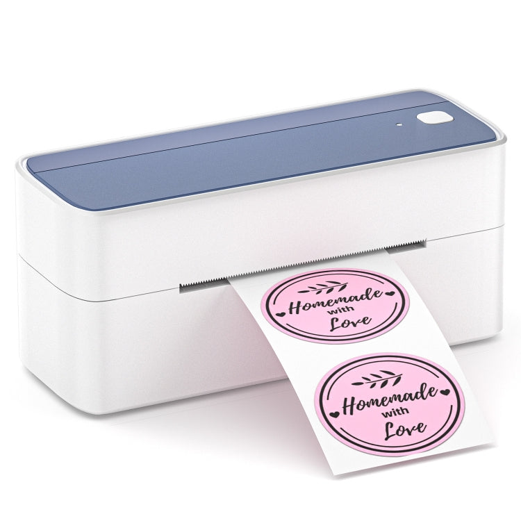 Bluetooth thermal label printer with white body, blue top, and two sample shipping labels