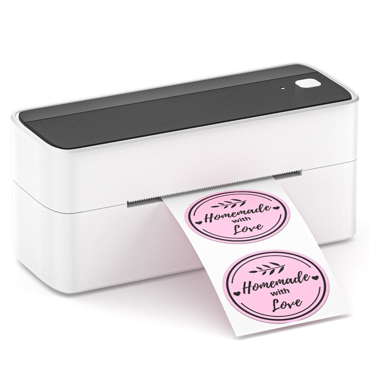 Bluetooth thermal label printer with white body, dark top, and two sample shipping labels