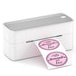 Bluetooth thermal label printer with white body, gray top, and two sample shipping labels