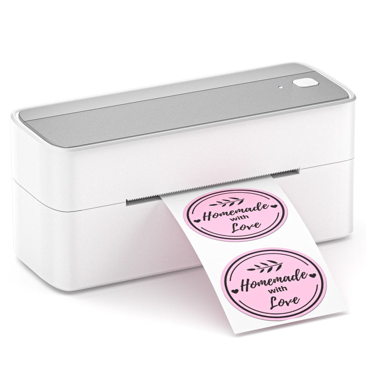 Bluetooth thermal label printer with white body, gray top, and two sample shipping labels