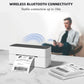 Bluetooth thermal label printer with white body and multiple printed shipping labels