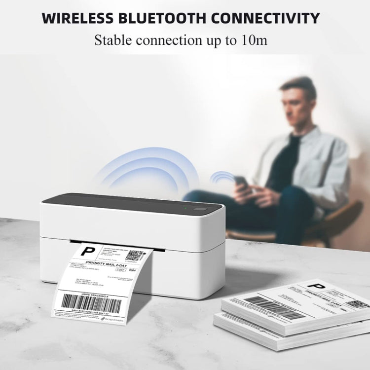 Bluetooth thermal label printer with white body and multiple printed shipping labels
