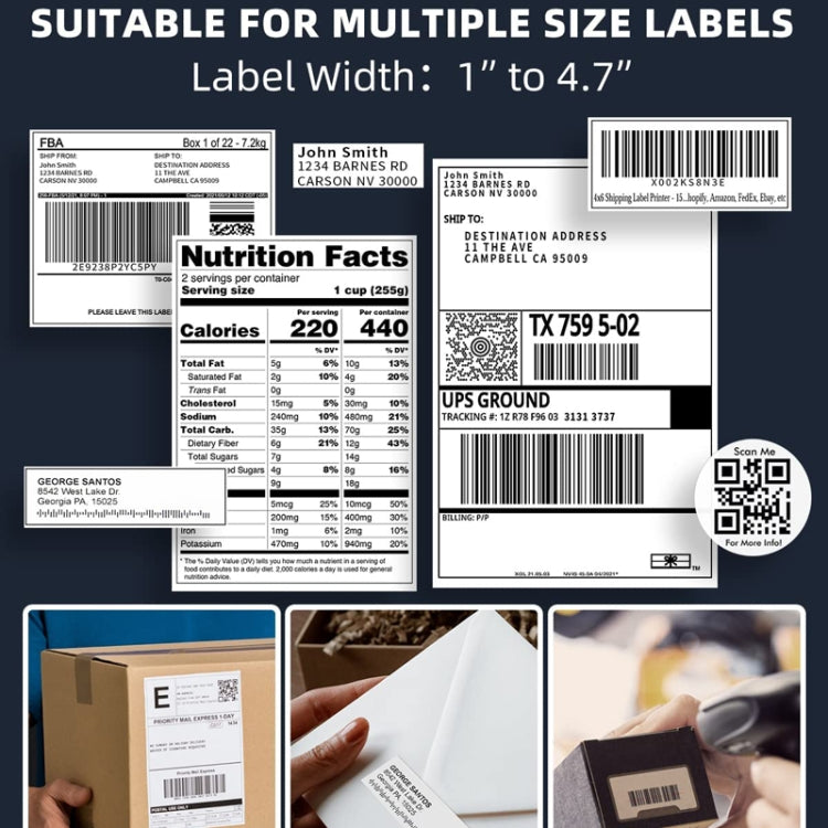 Multiple label samples with barcodes, shipping address blocks, and QR codes