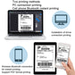 Wireless Bluetooth label printing with laptop, phone, and tablet showing label layouts