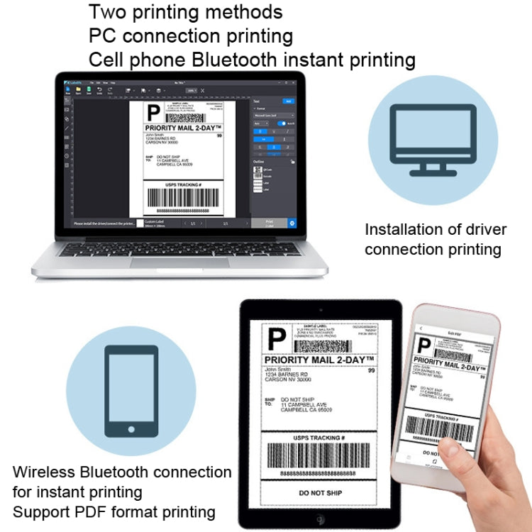 Wireless Bluetooth label printing with laptop, phone, and tablet showing label layouts
