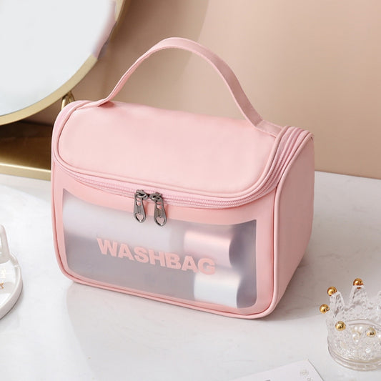Pink translucent cosmetic bag with frosted window, zip-top closure, and carry handle