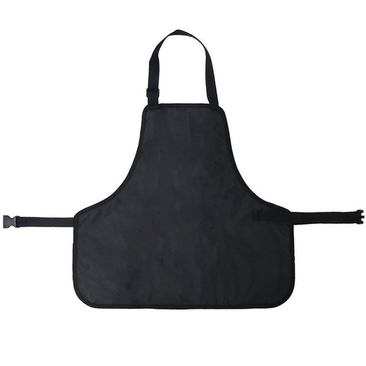 Black work apron with adjustable neck strap and wide waist ties, front storage panel