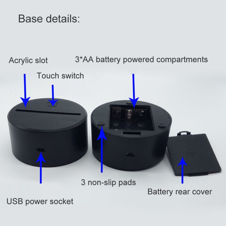 Black touch LED base showing USB power socket, battery cover, and non-slip pads