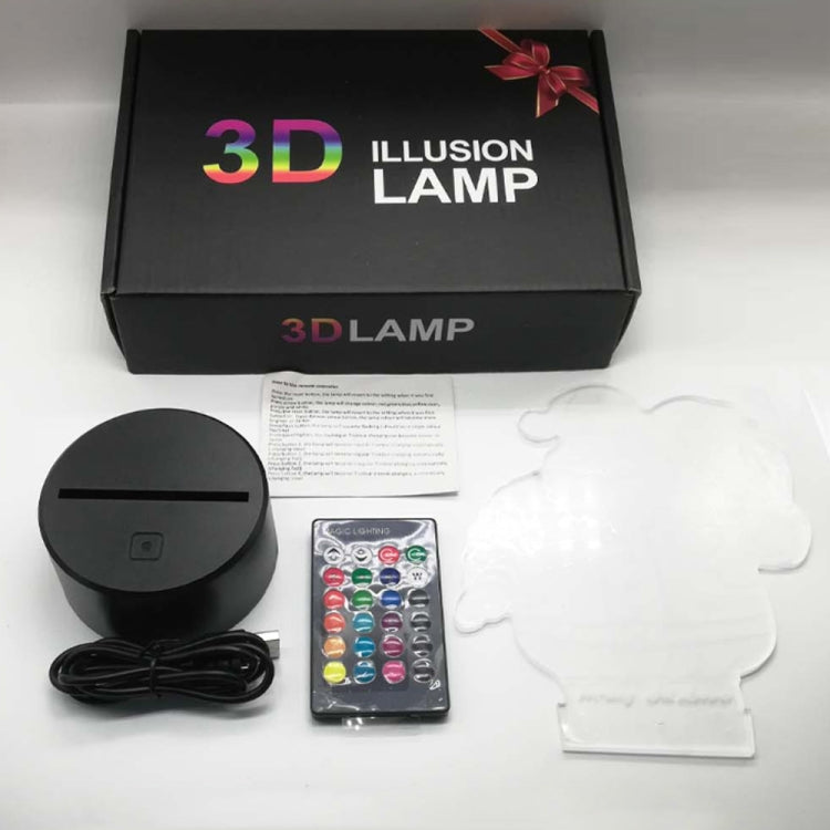 3D illusion lamp box with black touch base, remote, cables, and instruction sheet