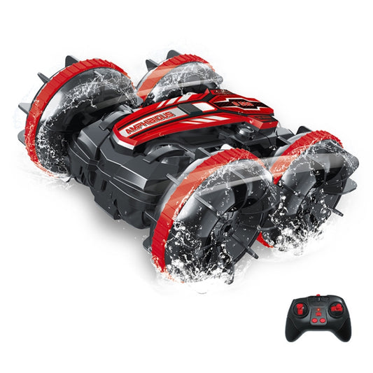 Red and black amphibious stunt remote control car with four large propeller tires