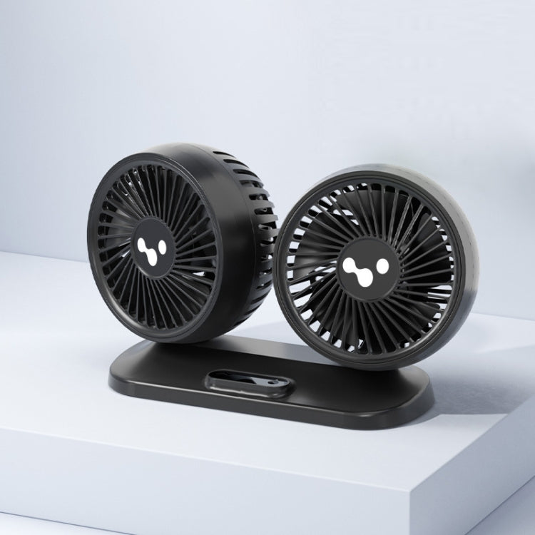 Double-head USB car fan with two black fan heads on a flat base stand