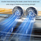 Double-head USB car fan with streaming airflow effect across front-seat area