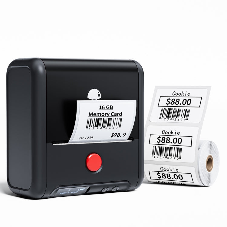 Handheld thermal label printer in black with label roll and printed sample tags