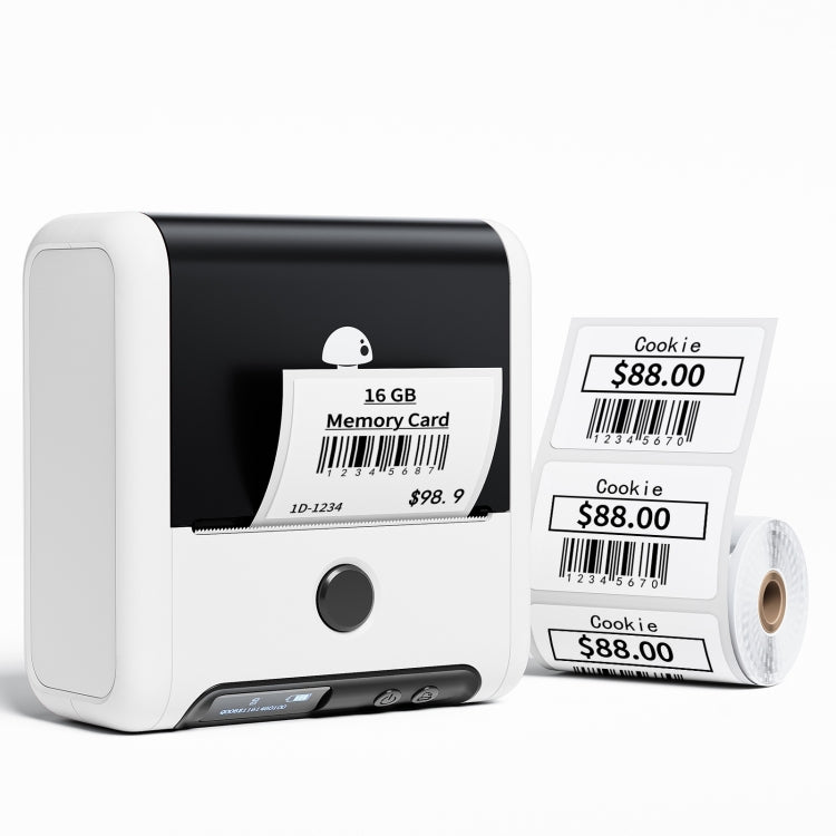 Handheld thermal label printer in white with label roll and printed sample tags