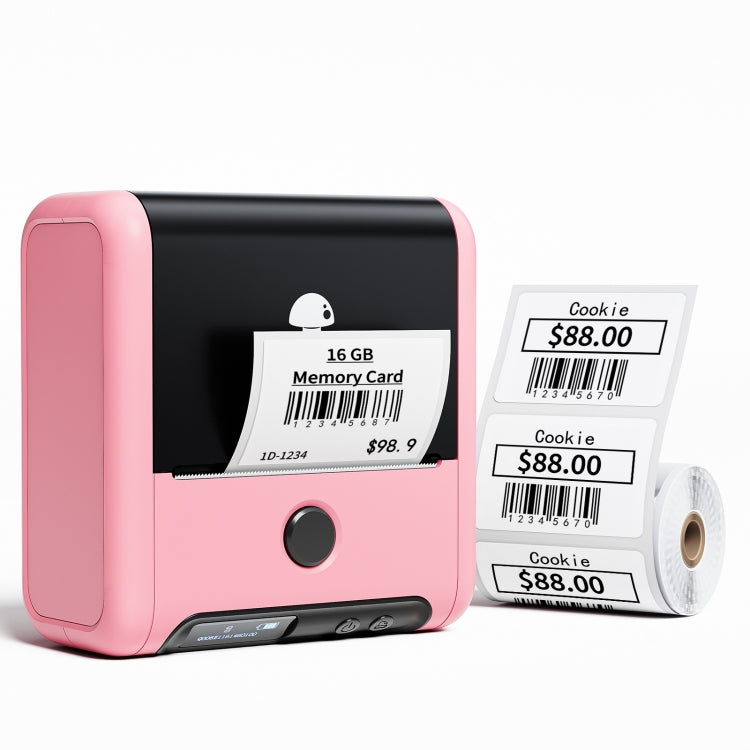 Handheld thermal label printer in pink with label roll and printed sample tags