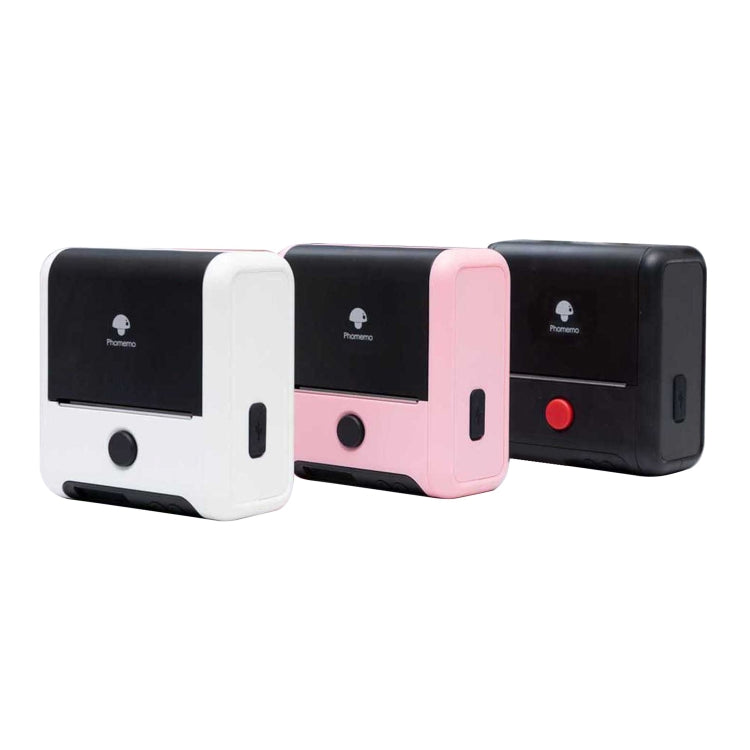 Handheld thermal label printers in black, white, and pink side by side