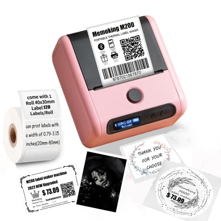 Pink handheld thermal label printer with display, label roll, and sample prints