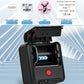 Black handheld thermal label printer with open lid showing inner print mechanism