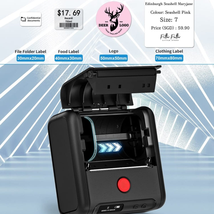Black handheld thermal label printer with open lid showing inner print mechanism