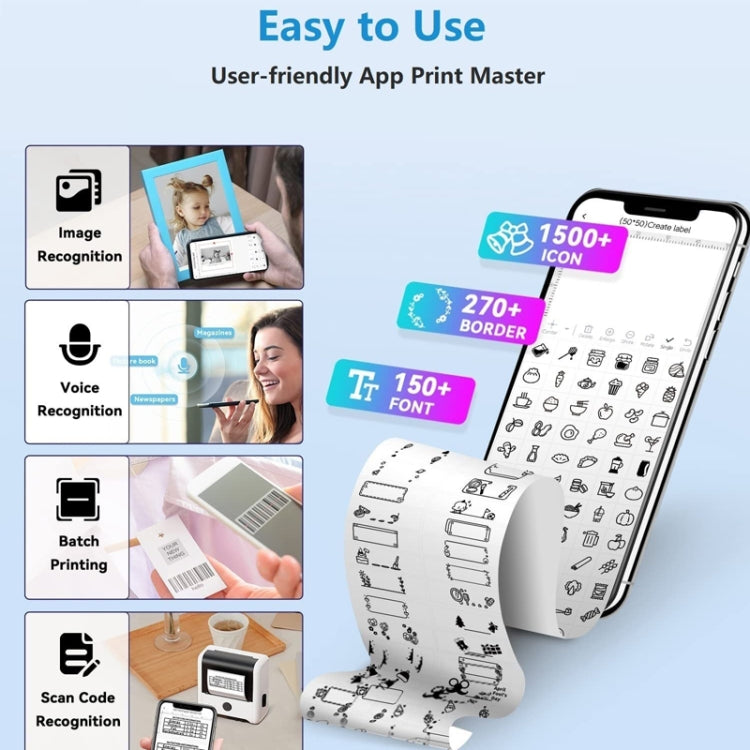Compact label printer dispensing rolls while paired with a smartphone on-screen