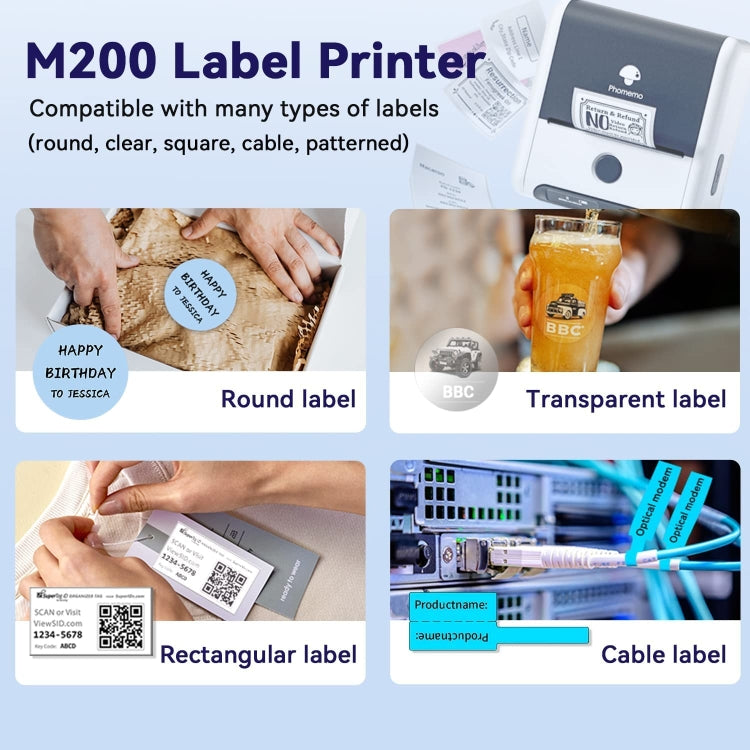 Handheld label printer with examples of round, transparent, rectangular, and cable labels