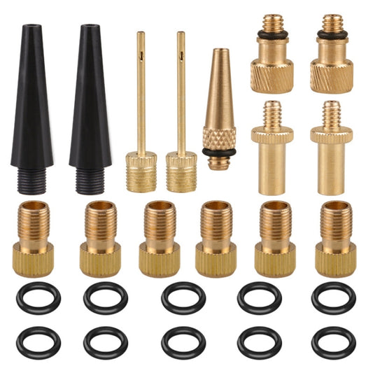 Bicycle valve adapter set with gold adapters, black caps, and round rubber O-rings