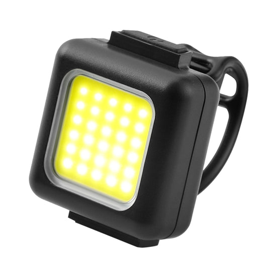 Black bike headlight with square lens and yellow COB LED light, USB rechargeable