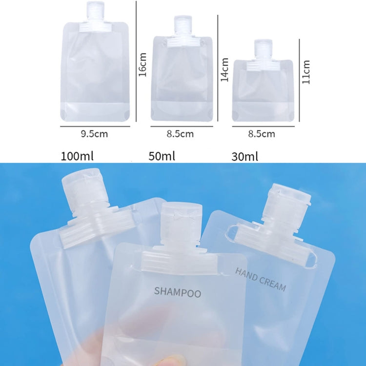 Clear refillable squeeze pouches: 30ml, 50ml, and 100ml travel set