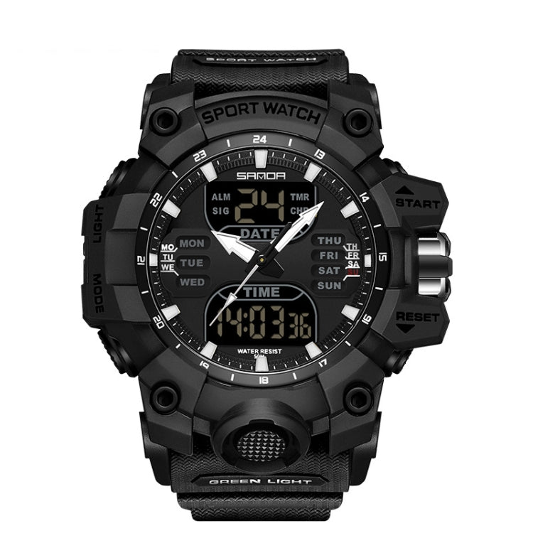 Black digital sport alarm watch with square side buttons and green backlit display