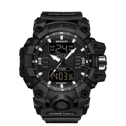 Black digital sport alarm watch with square side buttons and green backlit display
