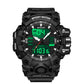 Black digital sport alarm watch with green backlit time and date on LCD
