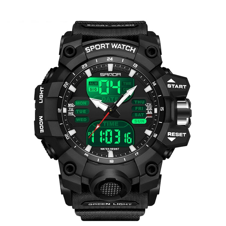 Black digital sport alarm watch with green backlit time and date on LCD