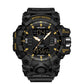 Black digital sport alarm watch with yellow accent ring and backlit LCD time