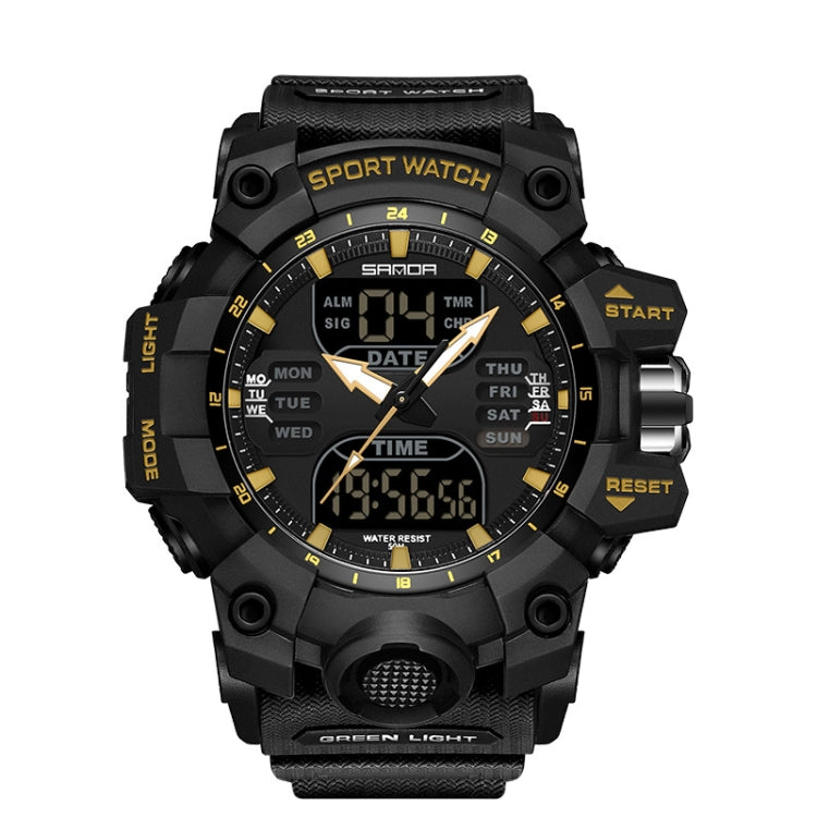 Black digital sport alarm watch with yellow accent ring and backlit LCD time