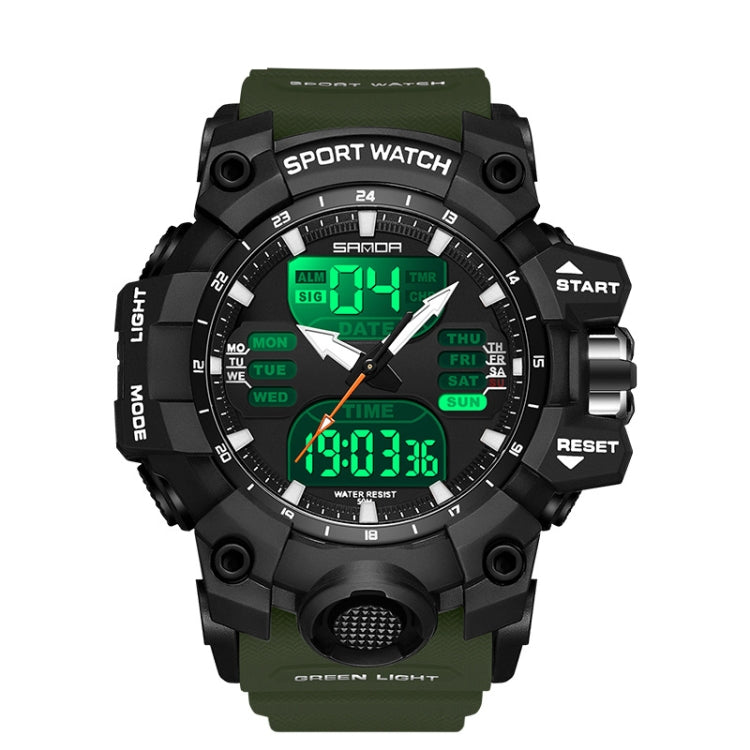 Army green digital sport alarm watch with green backlit display and textured strap