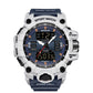 White and blue digital sport alarm watch with blue-toned backlit LCD