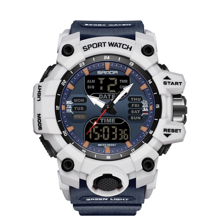 White and blue digital sport alarm watch with blue-toned backlit LCD