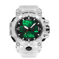 Transparent white digital sport alarm watch with green backlit display