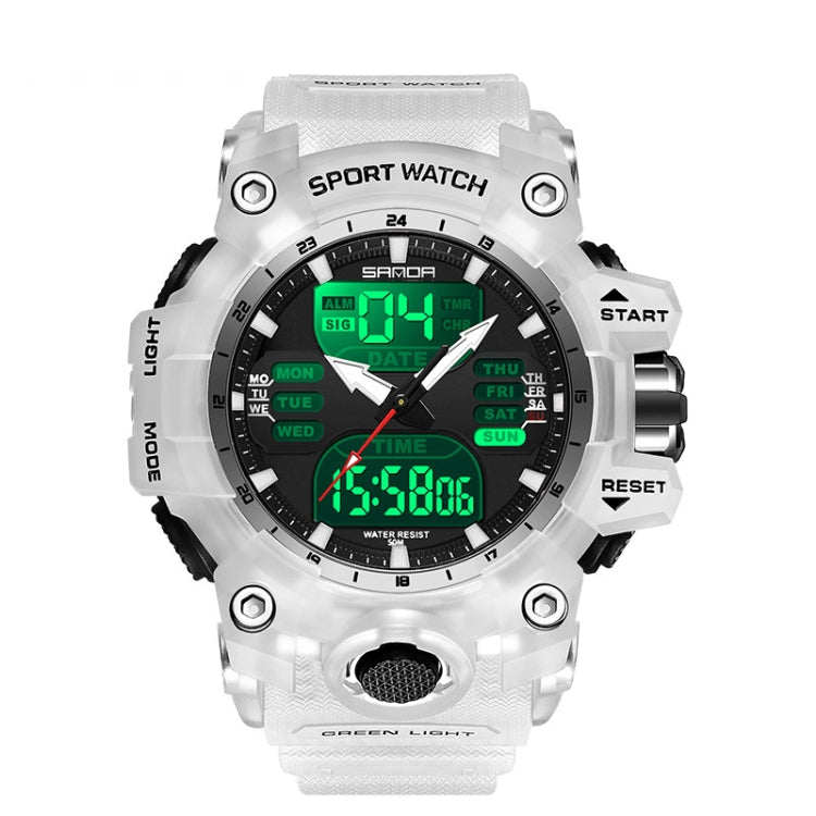 Transparent white digital sport alarm watch with green backlit display