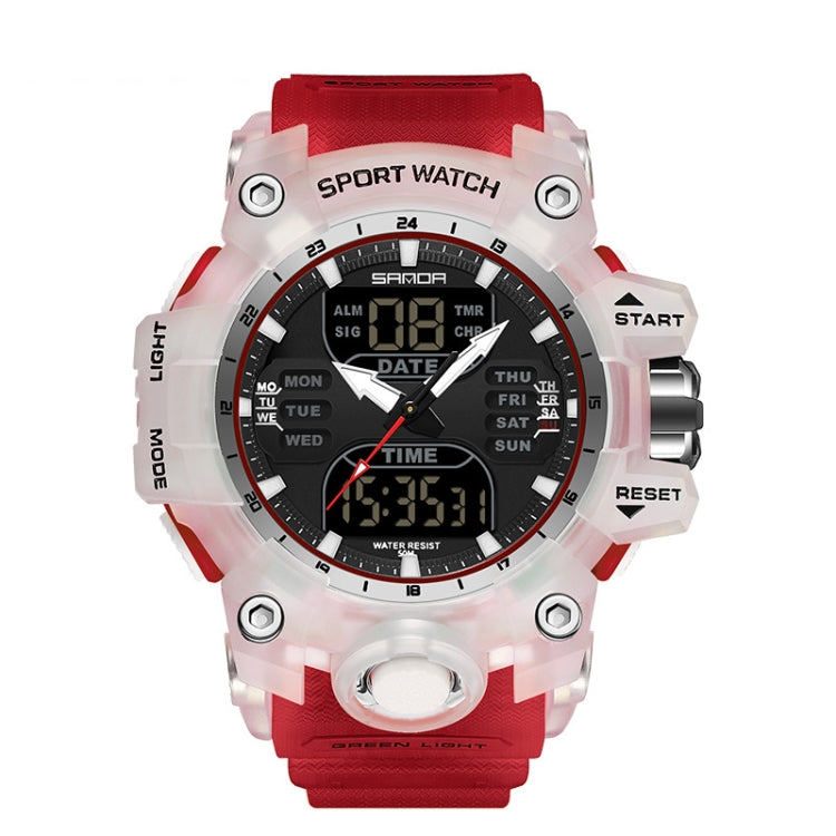 Transparent red digital sport alarm watch with dark backlit time and LCD