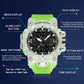White and green sport watch with date display and multi-button controls