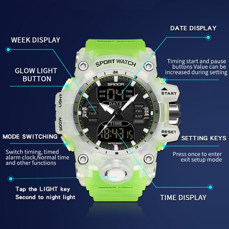 White and green sport watch with date display and multi-button controls