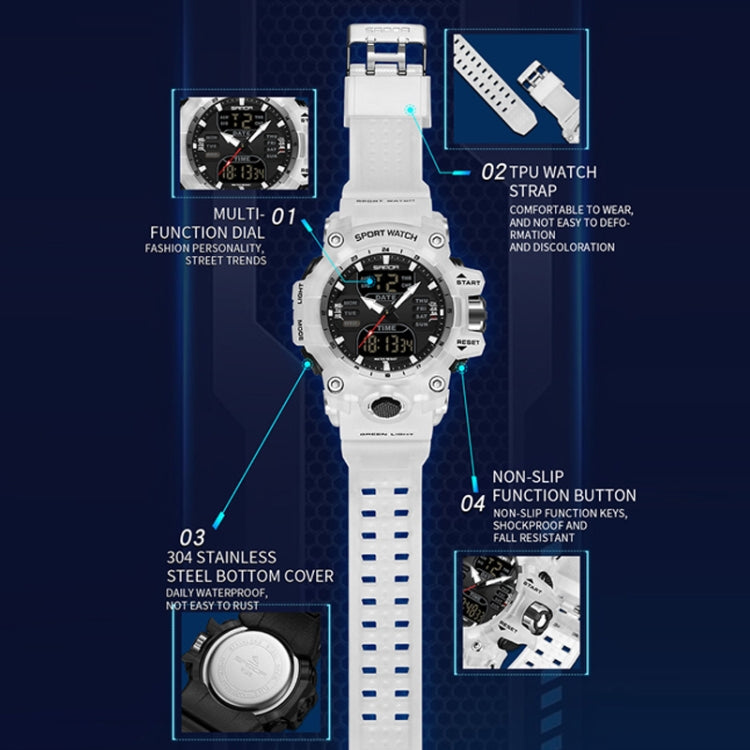White sport watch with blue strap and side buttons, black bezel