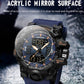 Blue sport watch with black case and acrylic mirror-style face