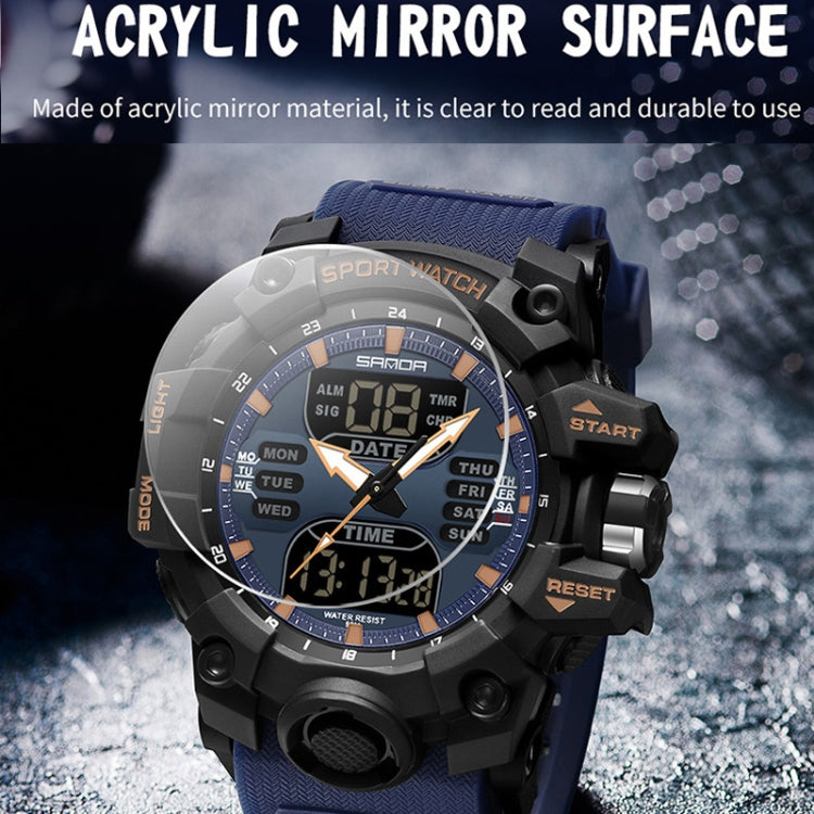 Blue sport watch with black case and acrylic mirror-style face