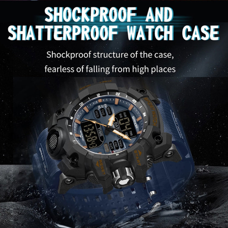 Black sport watch with shockproof case design and orange accent dial hands
