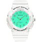 White strap round sporty waterproof watch with green luminous dial and metal crown